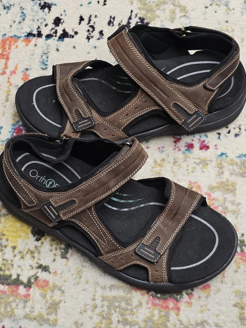 Orthofeet 565 Sandals Mens 10 2E Wide Brown Leather Arch Support Walking